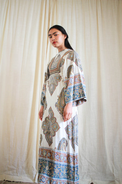 1970s Paisley Indian Block Print Boho Dress