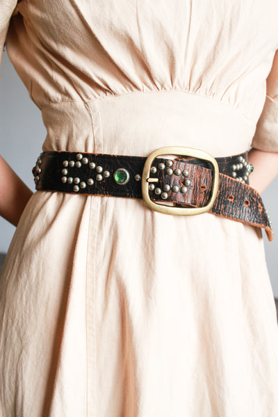 1970s Black Leather Studded Belt