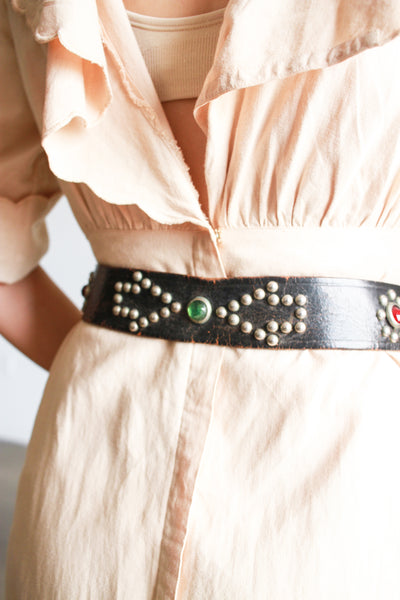 1970s Black Leather Studded Belt