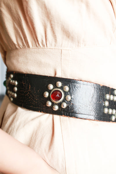 1970s Black Leather Studded Belt