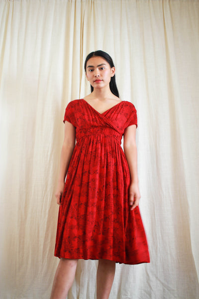 1940s Red Empirical Print Rayon Dress