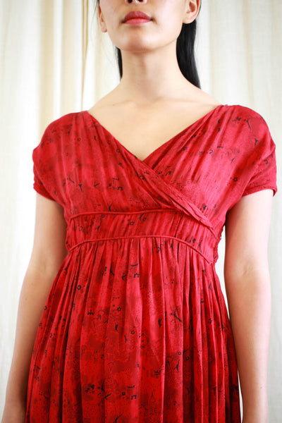 1940s Red Empirical Print Rayon Dress