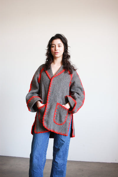 1970s Red Stitched Wool Oversized Jacket