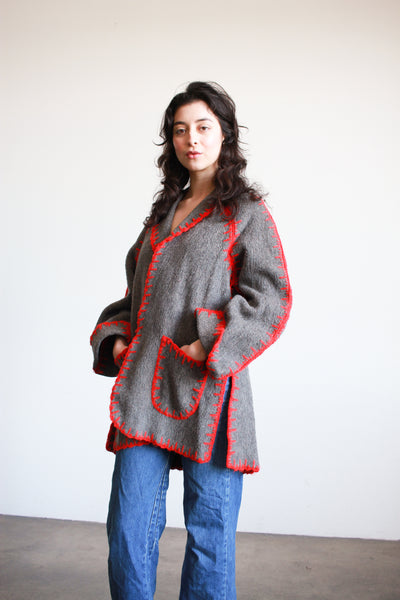 1970s Red Stitched Wool Oversized Jacket