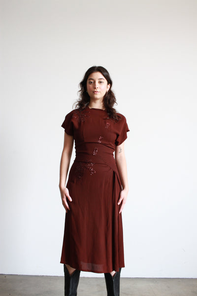 1940s Chocolate Crepe Sequin Dress