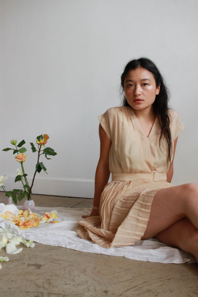 1950s Beige Silk Embossed Pleated Dress