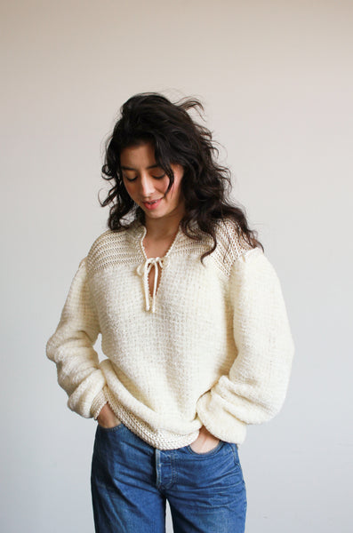 1980s White Chenille Crochet Knit Sweater