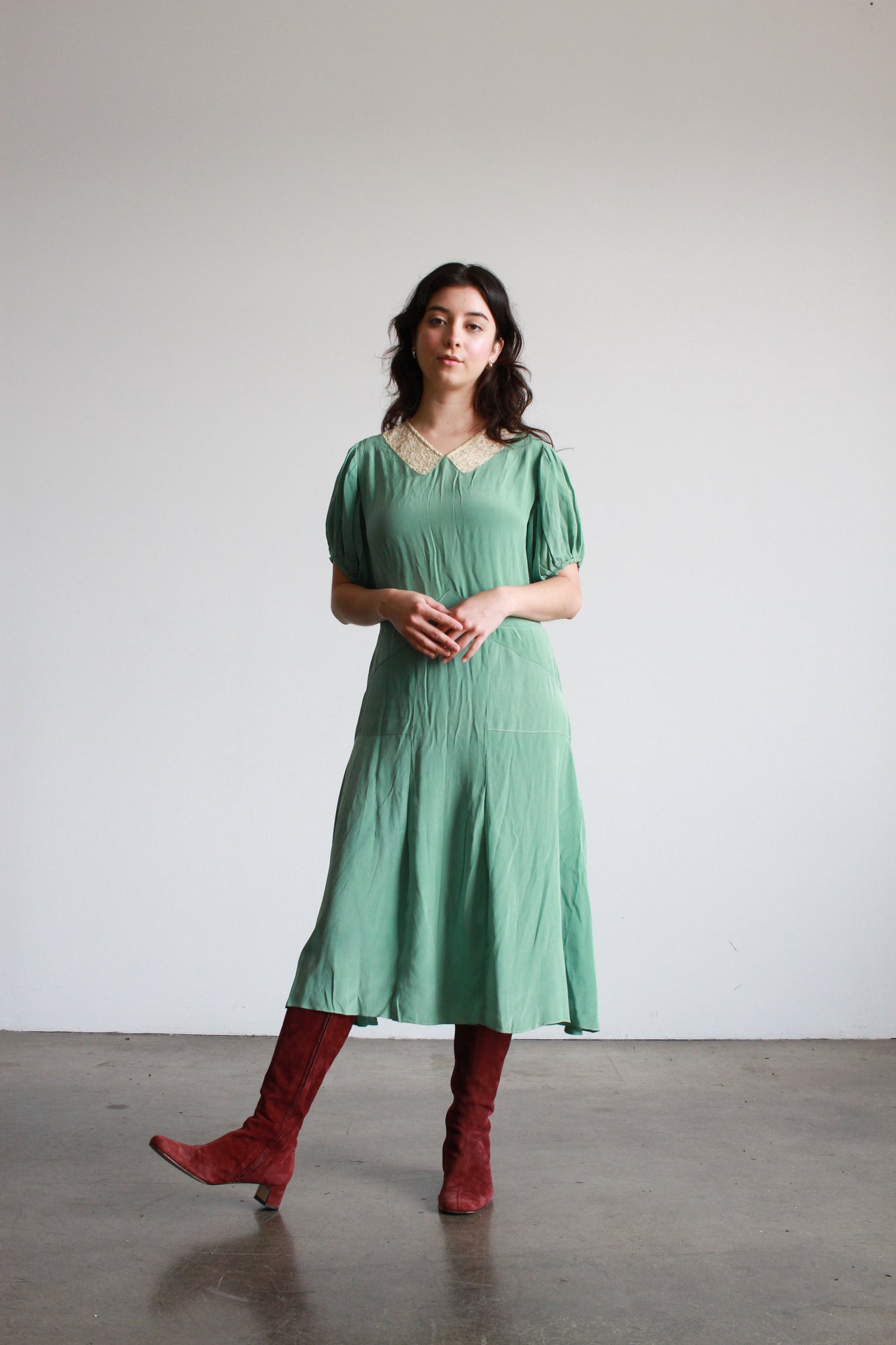 1930s Mint Crepe Bias Midi Dress