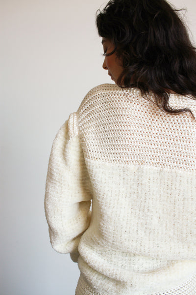 1980s White Chenille Crochet Knit Sweater