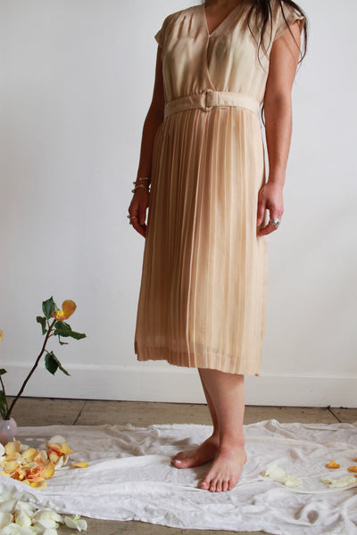 1950s Beige Silk Embossed Pleated Dress