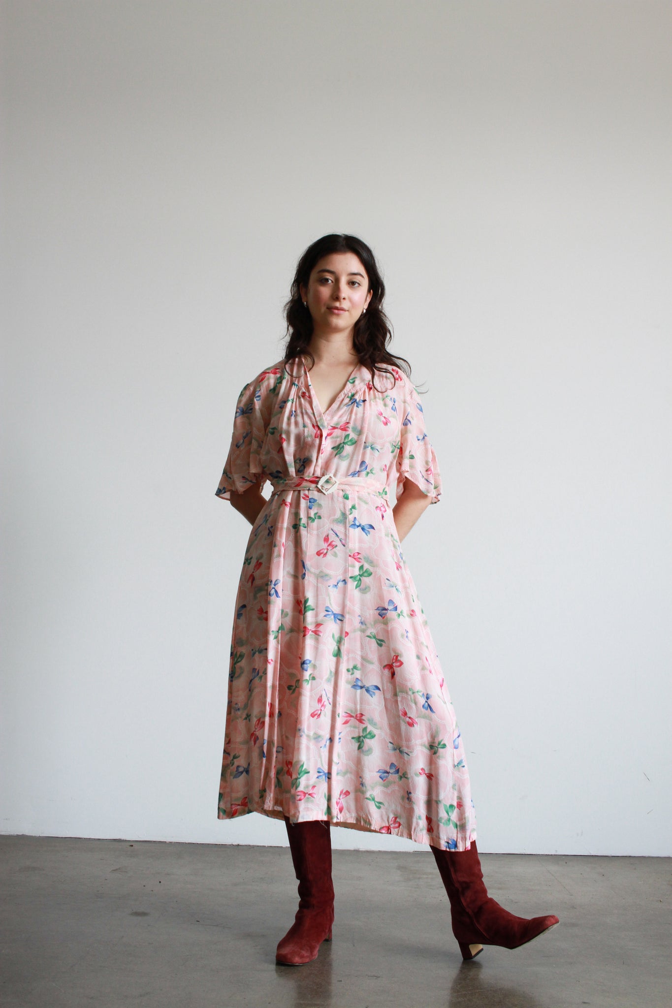 1930s Pale Pink Floral Motif Rayon Midi Dress