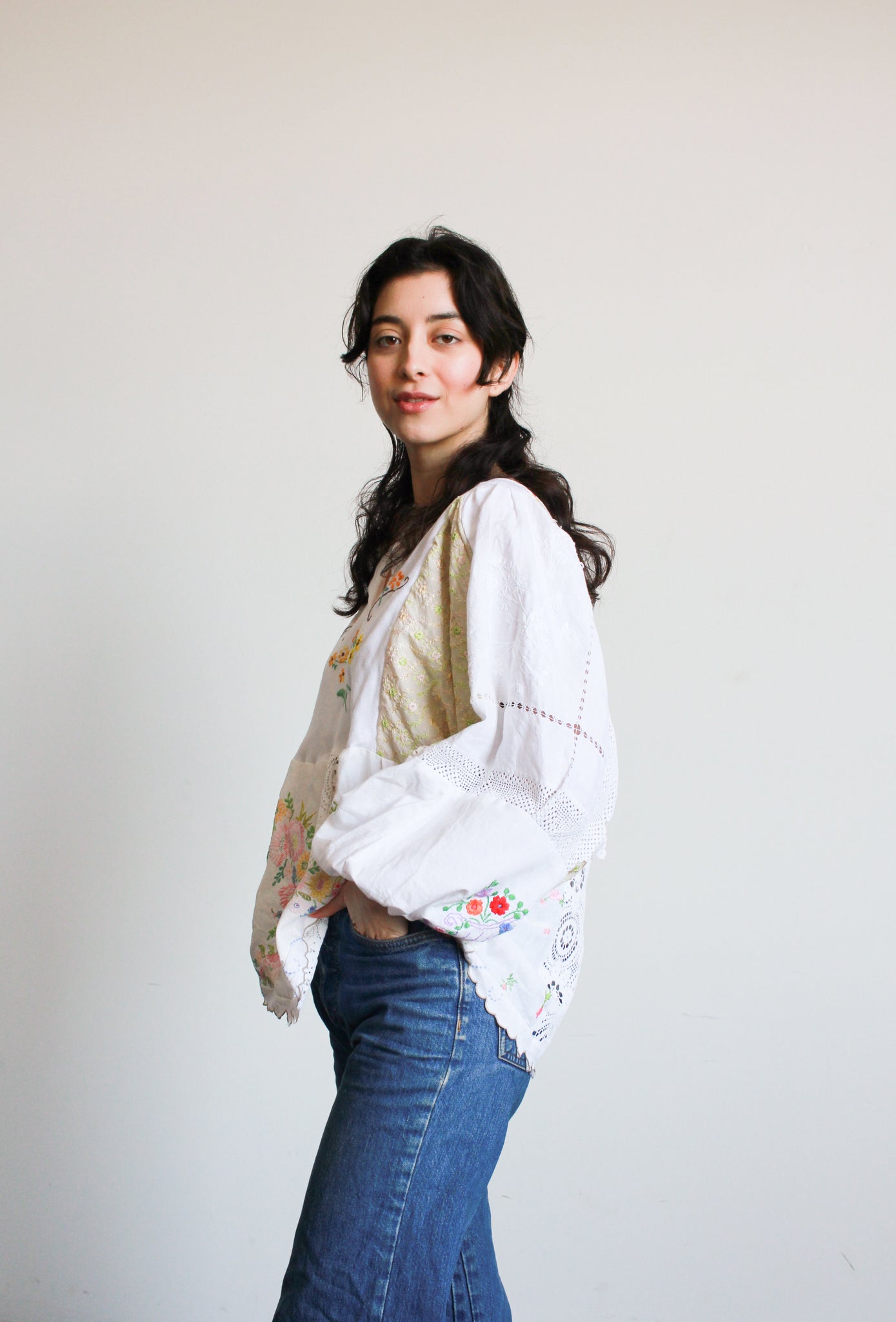 Reworked Patchwork Embroidered Handkerchief Blouse