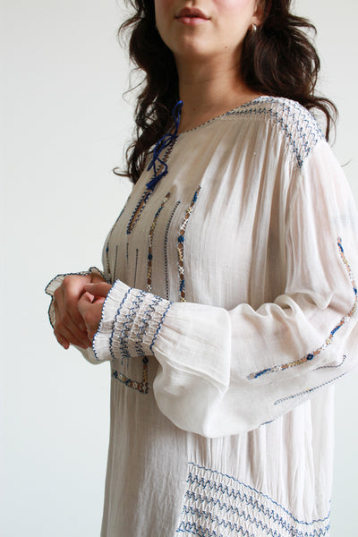 1930s Hungarian Cotton Voile Embroidered Peasant Dress