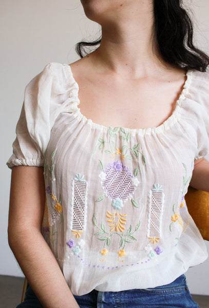 1940s Cotton Viole Embroidered Peasant Blouse