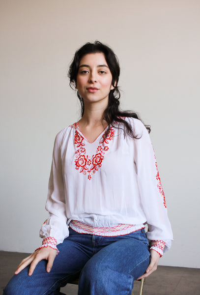 1960s Hungarian Red-Stiched Embroidered Peasant Blouse