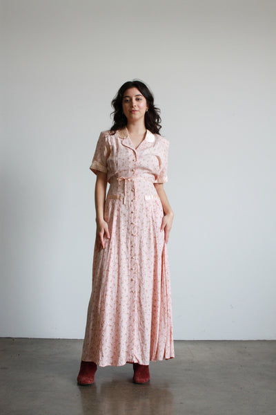 1990s Pink Rose Print Rayon Long Maxi Dress