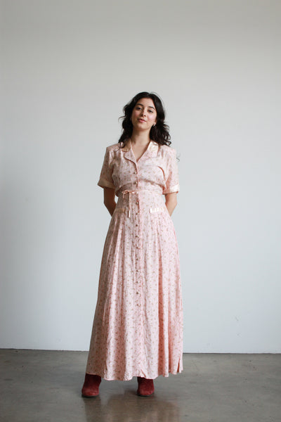 1990s Pink Rose Print Rayon Long Maxi Dress