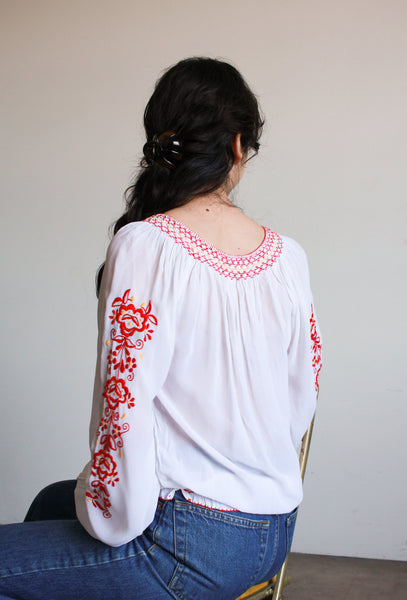 1960s Hungarian Red-Stiched Embroidered Peasant Blouse