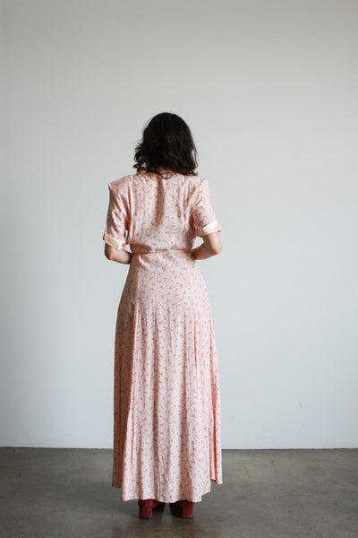 1990s Pink Rose Print Rayon Long Maxi Dress
