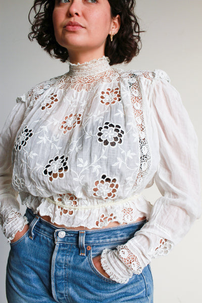 Victorian White Floral Cutout Embroidered Blouse