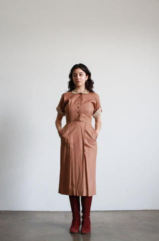 1940s Cotton Camel Soutache Trim Midi Dress