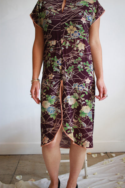 1940s Violet Crepe Asian Garden Print Dress