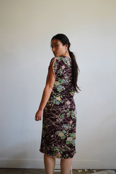 1940s Violet Crepe Asian Garden Print Dress