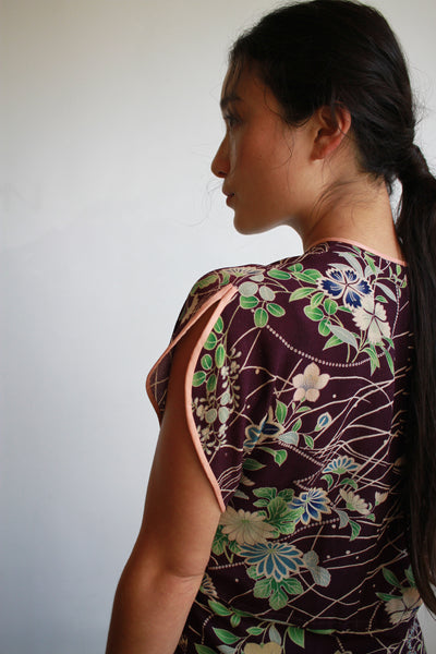 1940s Violet Crepe Asian Garden Print Dress