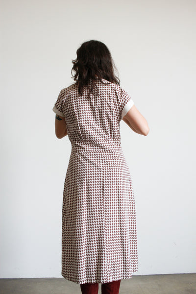 1950s Grid Print Brown Cotton Day Dress