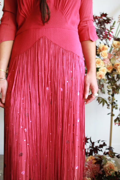 1940s Crepe Rayon Fringe Sequined Gown