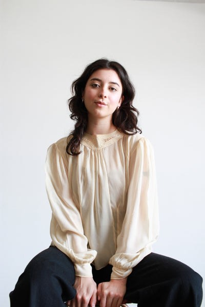 1930s Silk Chiffon Ecru Balloon Sleeve Blouse