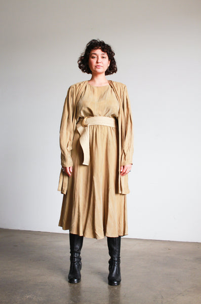 1980s Sand Beige Rayon Three Piece Skirt Set