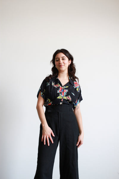 1940s Cold Rayon Blue Floral Button Up Blouse