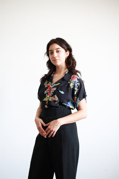 1940s Cold Rayon Blue Floral Button Up Blouse