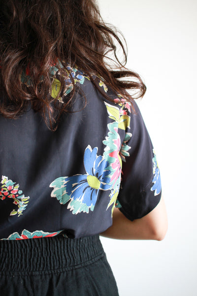 1940s Cold Rayon Blue Floral Button Up Blouse