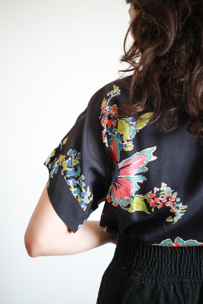 1940s Cold Rayon Blue Floral Button Up Blouse