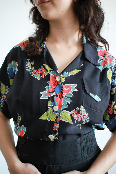 1940s Cold Rayon Blue Floral Button Up Blouse