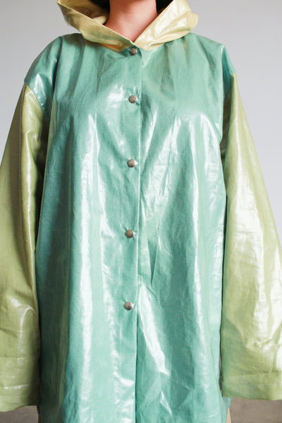1970s Green Colorblock Waterproof Snap Raincoat