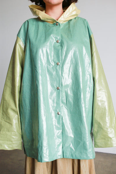 1970s Green Colorblock Waterproof Snap Raincoat