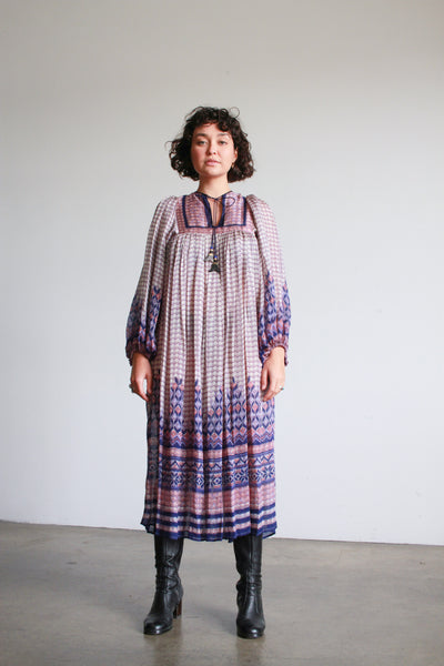 1970s Imagnin Judith Ann Silk Block Print Indian Dress