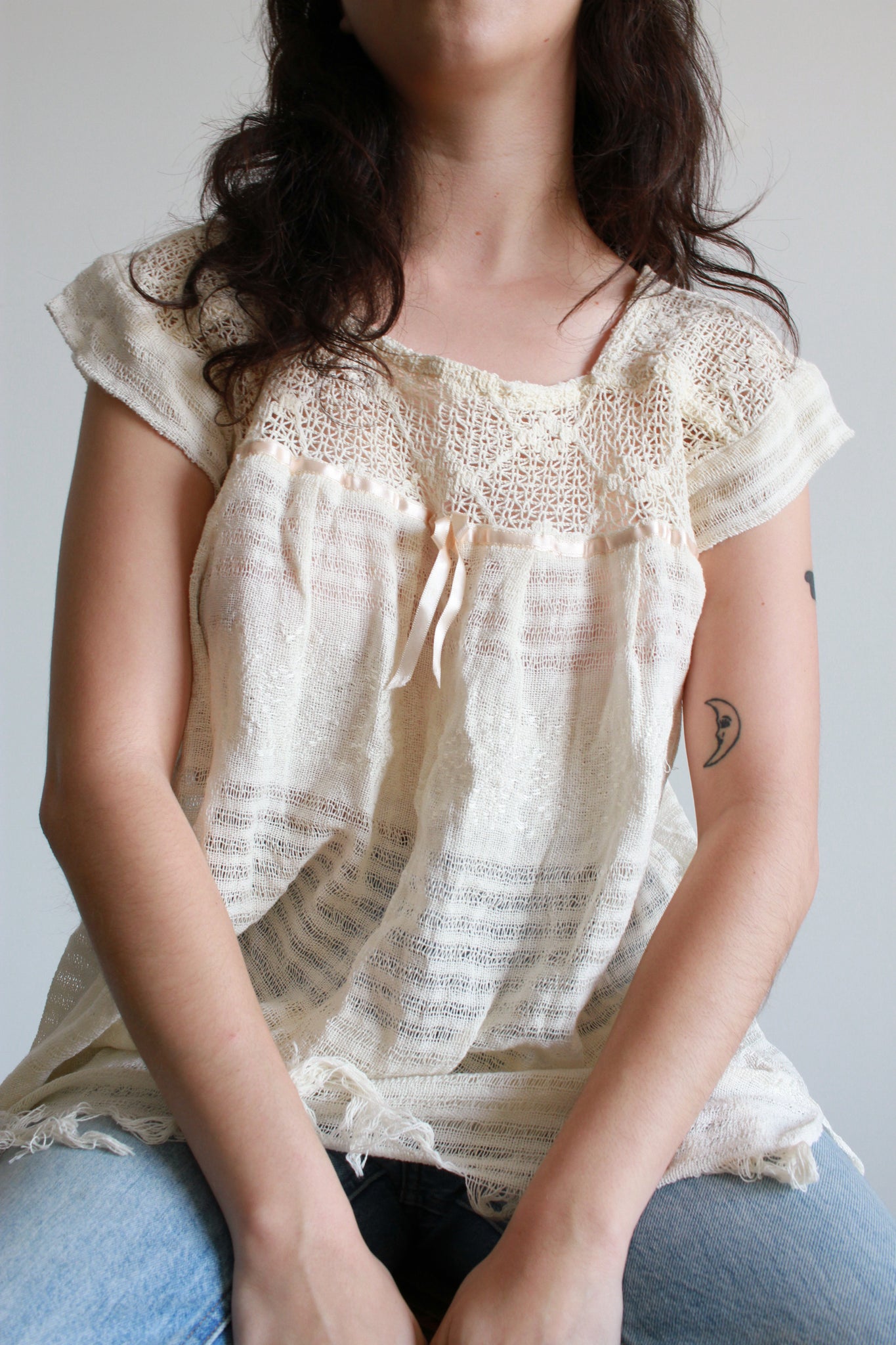 1970s White Woven Cotton Mexican Tunic Blouse