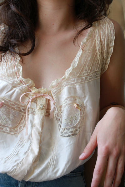 1920s Ecru Silk Lace Embroidered Camisole