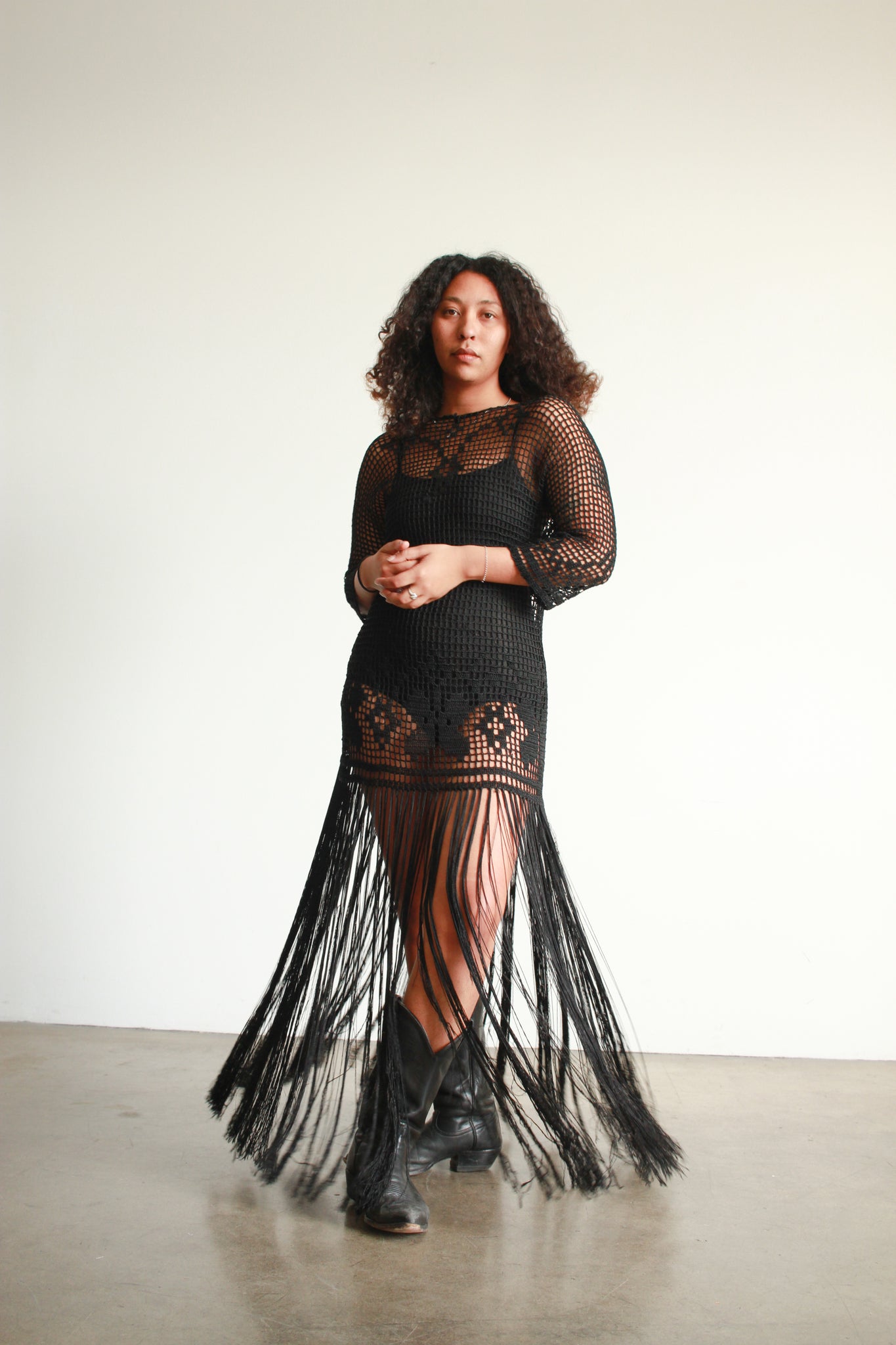 1970s Black Crochet Fringe Dress