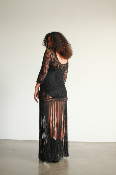 1970s Black Crochet Fringe Dress