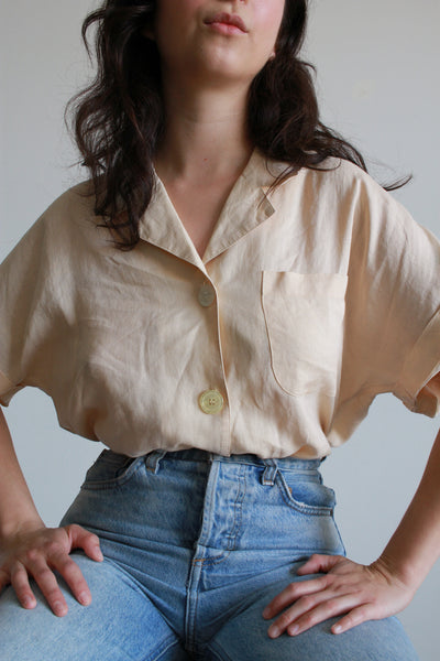1980s Cream Classic Button Up Linen Blouse