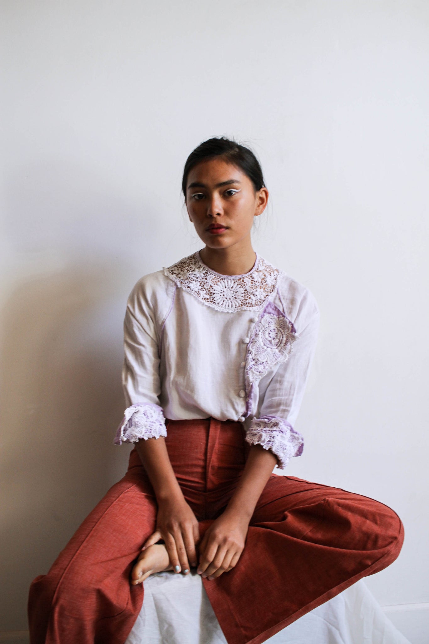 Edwardian Lilac Trim Lace Crop Blouse