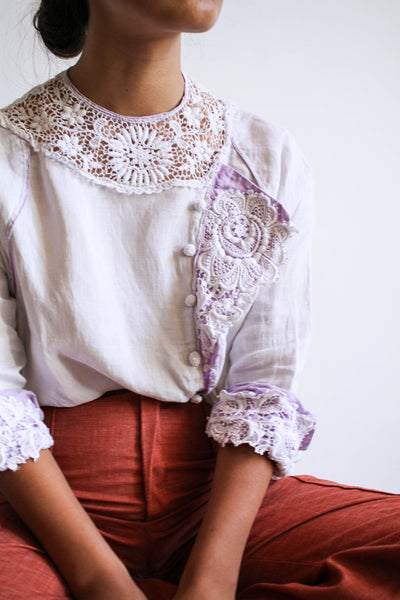 Edwardian Lilac Trim Lace Crop Blouse