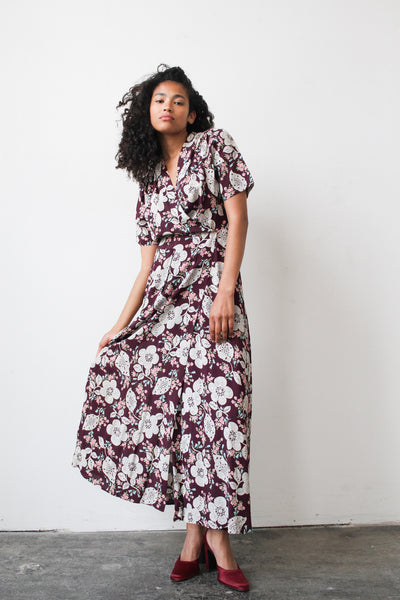 1940s Wine Large Floral Print Cold Rayon Dress