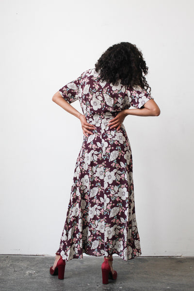 1940s Wine Large Floral Print Cold Rayon Dress