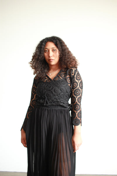 1970s Black Lace Cutout Wrap Blouse